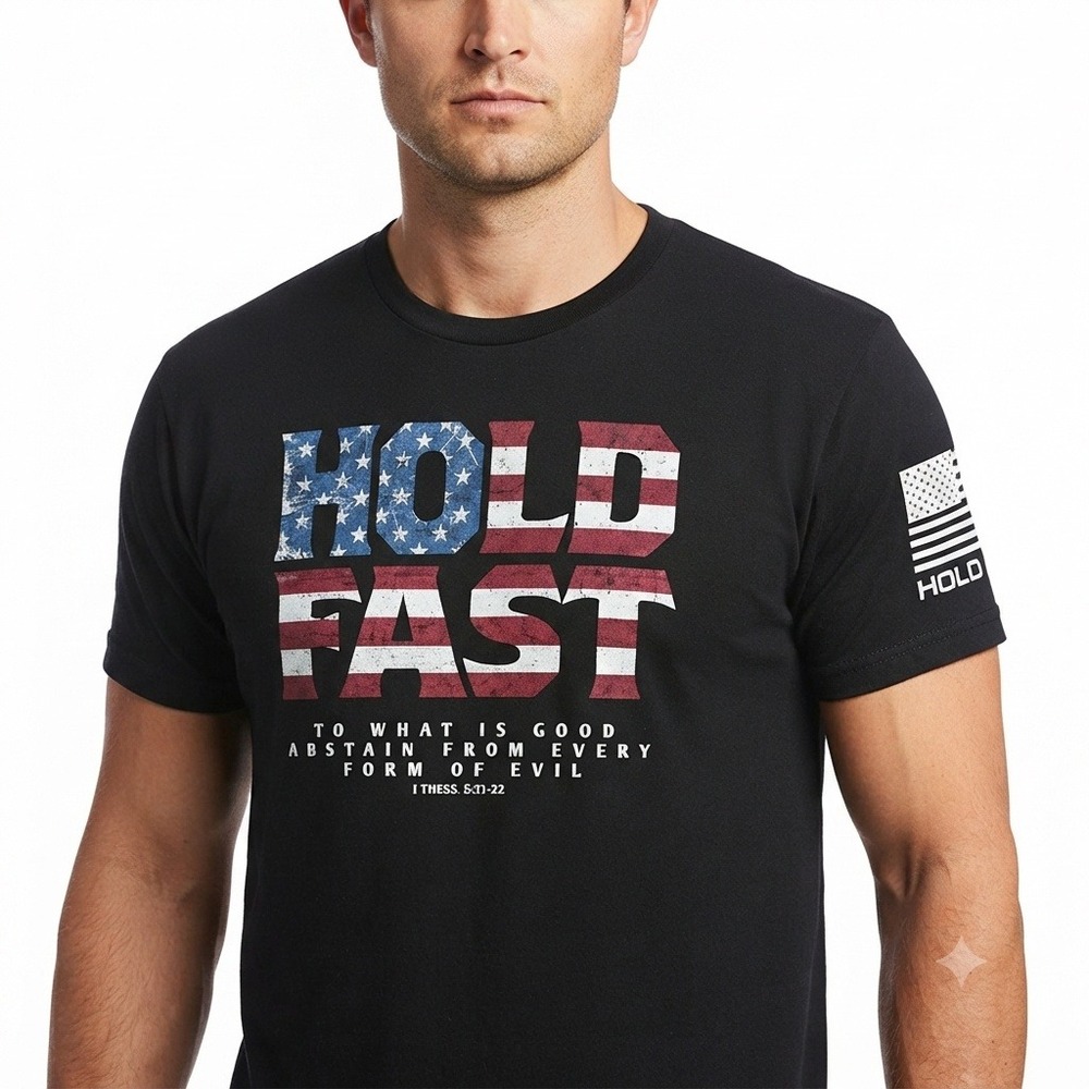 Hold Fast Short  Mens L Christian T-Shirt Black Flag Scripture *FLAW